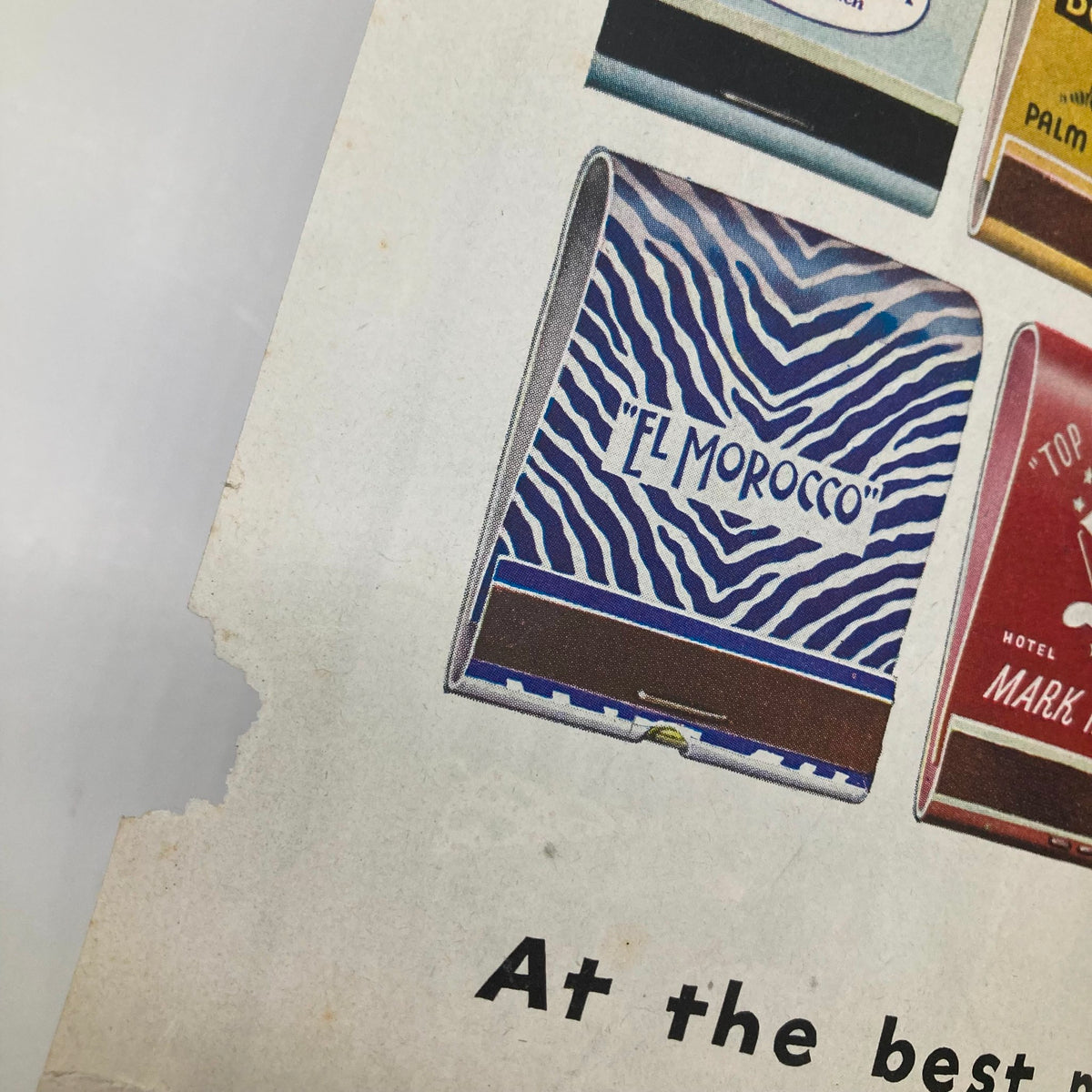 Close-up of a vintage advertisement for matchbooks in the Saturday Evening Post Magazine from December 10, 1949, displaying 'EL MOROCCO' among others.