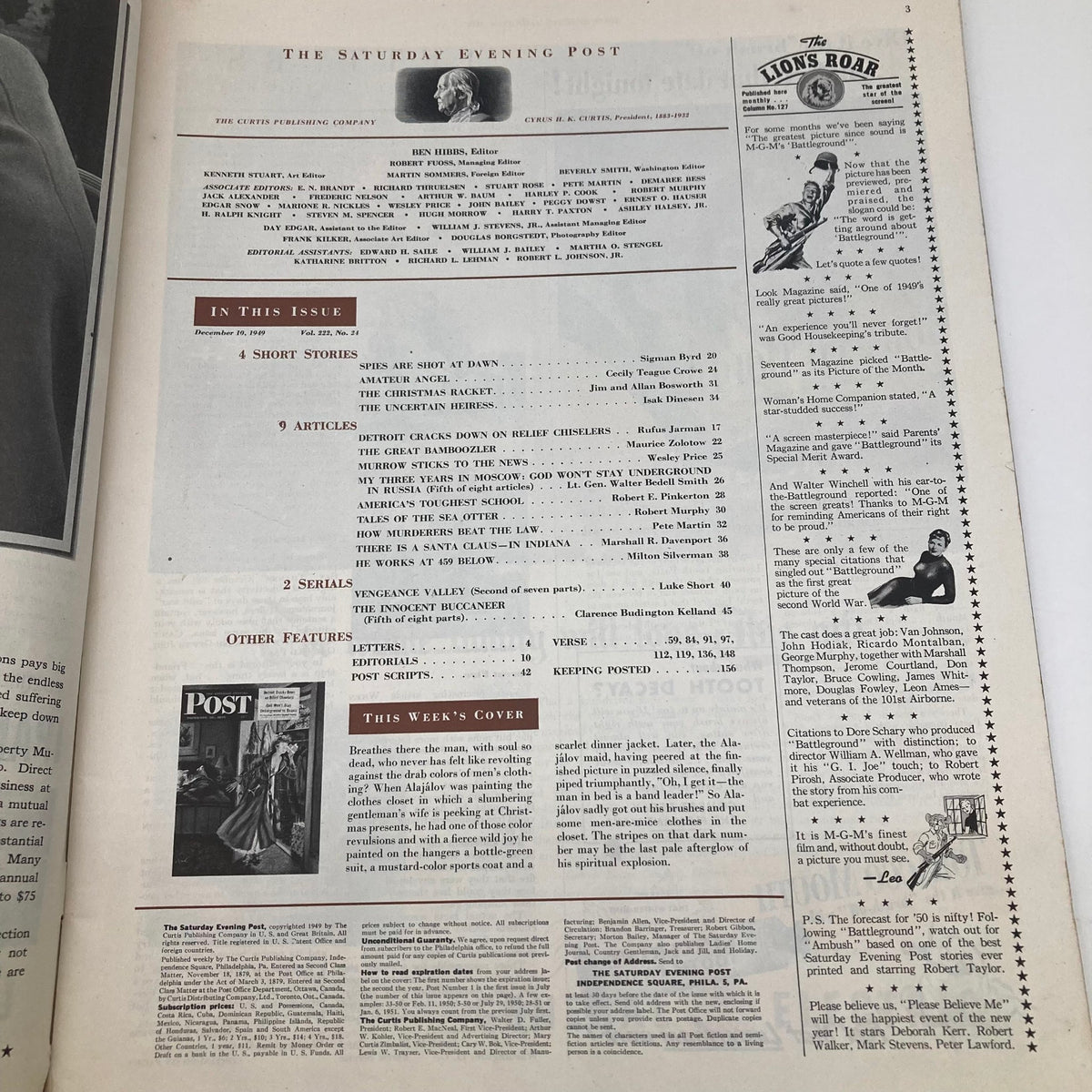 Table of contents page from the Saturday Evening Post Magazine December 10, 1949, detailing articles and features in that issue.
