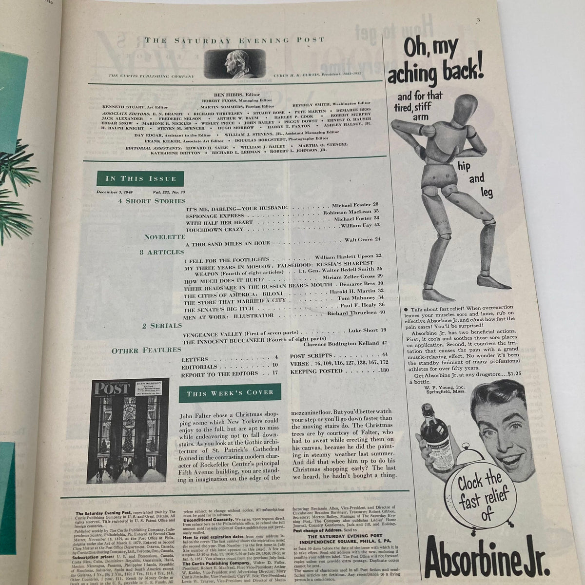 Inside page of the Saturday Evening Post Magazine December 3, 1949, showcasing the table of contents and advertisements, featuring a vintage design.