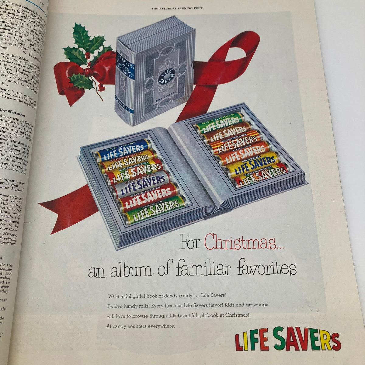 Advertisement for Life Savers candy featured in the Saturday Evening Post Magazine December 3, 1949, surrounded by Christmas decorations.