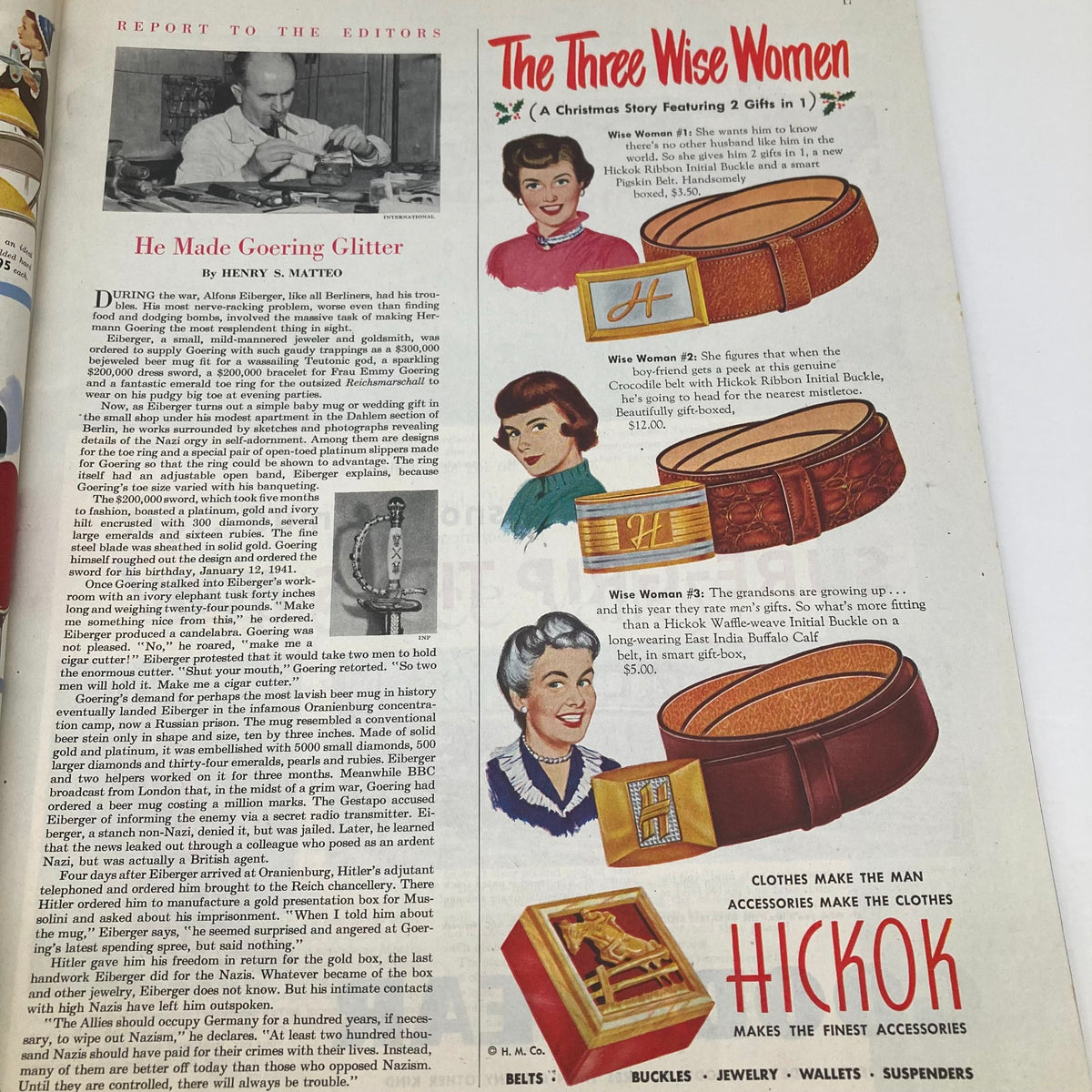 Report to the editors and an advertisement for Hickok accessories in the Saturday Evening Post Magazine December 3, 1949, showcasing retro style and products.