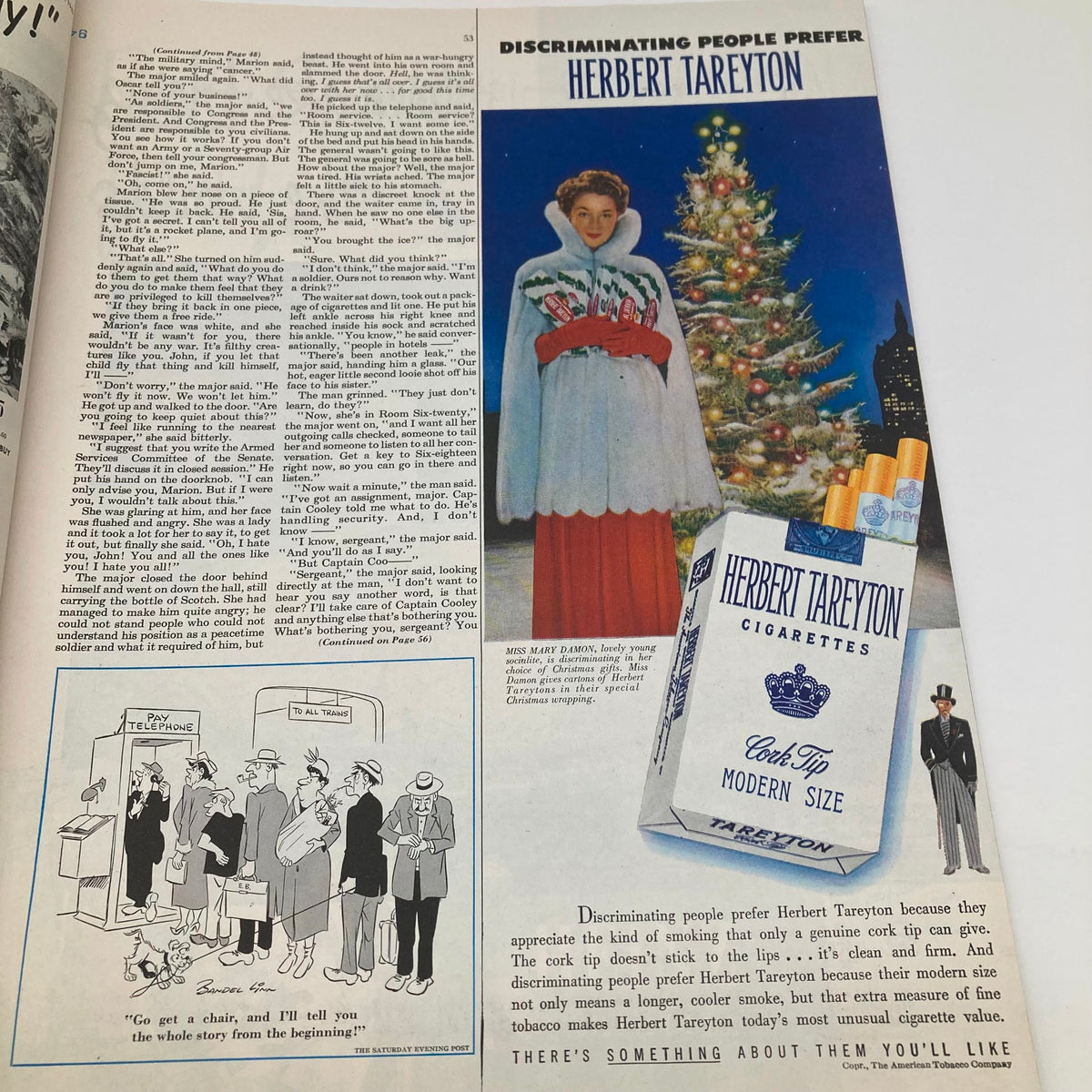 Herbert Tareyton cigarettes advertisement accompanied by a Christmas theme in the Saturday Evening Post Magazine December 3, 1949, featuring a model dressed for the holidays.
