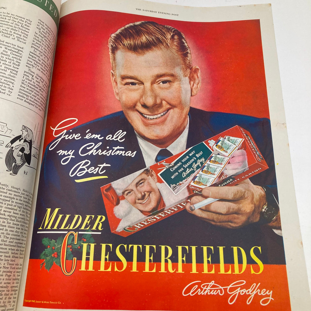 Vintage advertisement featuring Arthur Godfrey promoting Chesterfield cigarettes in the Saturday Evening Post Magazine December 3, 1949, highlighting a festive and cheerful mood.