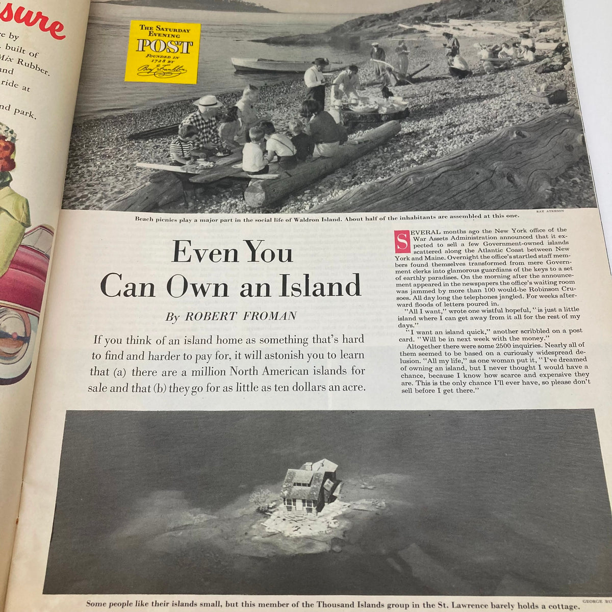 Saturday Evening Post Magazine July 30, 1949 interior page featuring an article titled 'Even You Can Own an Island' with a photo of beach picnics on Waldron Island.