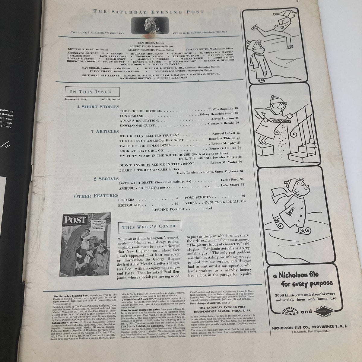 Interior page of the Saturday Evening Post Magazine, January 22, 1949, featuring a list of articles and short stories in the issue.