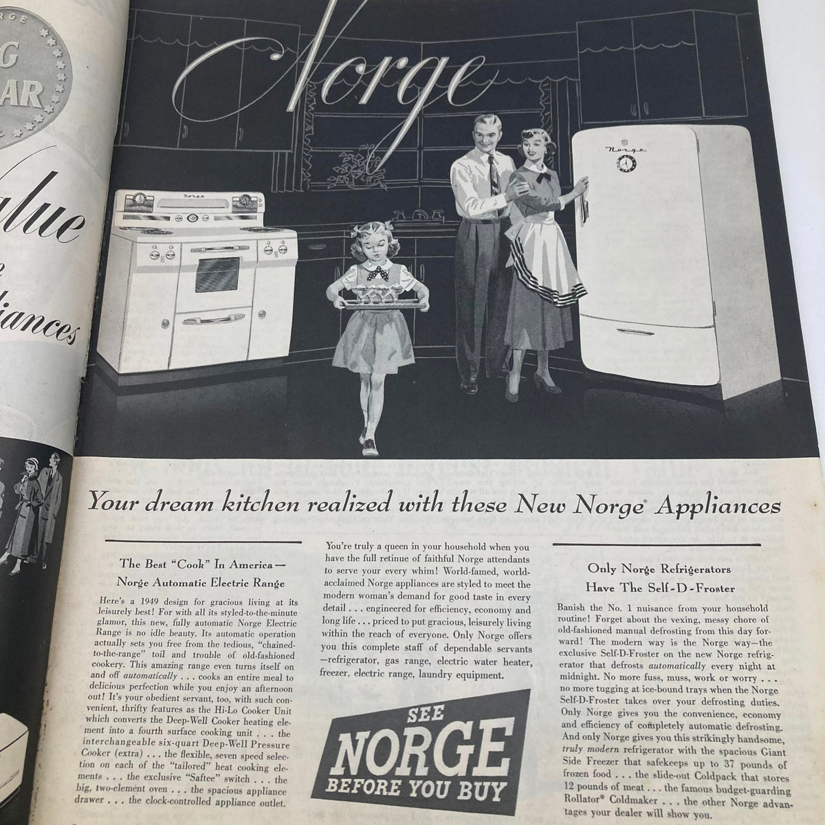 Advertisement for Norge Appliances in the Saturday Evening Post Magazine, January 22, 1949, showcasing kitchen appliances with a family illustration.