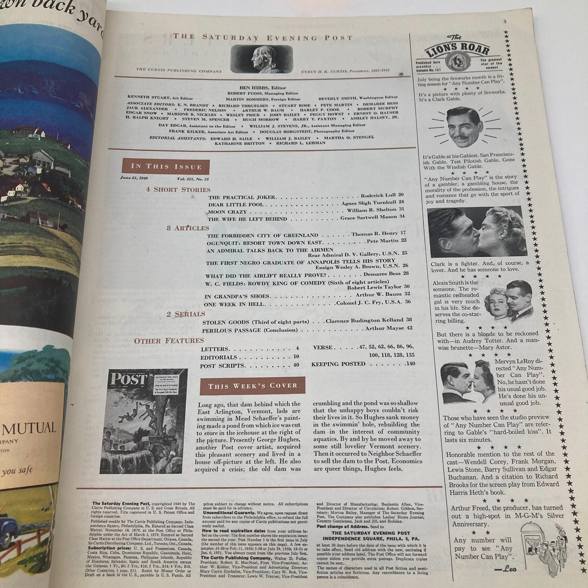 Contents page of the Saturday Evening Post Magazine dated June 25, 1949, listing articles and features including a discussion on current topics.