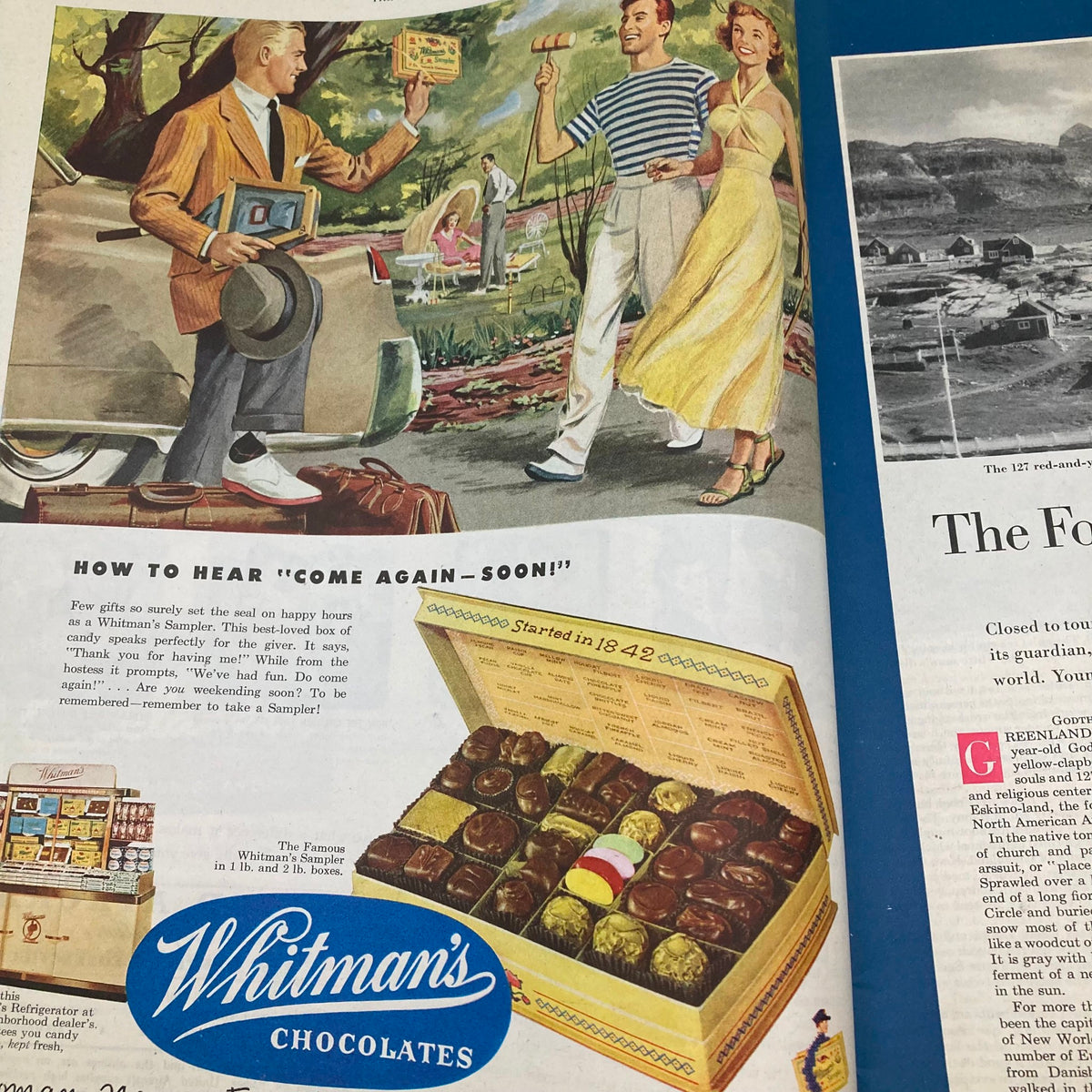 Advertisement for Whitman's Chocolates from the Saturday Evening Post Magazine dated June 25, 1949, illustrating a social scene with people enjoying treats.