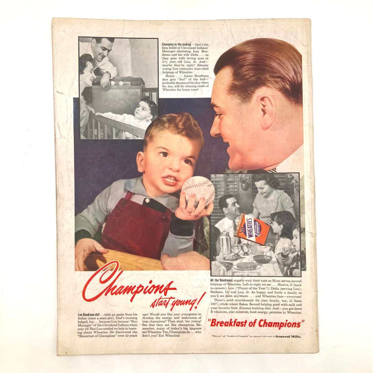 Wheaties cereal advertisement from Saturday Evening Post Magazine June 25 1949, featuring a father and son promoting the slogan 'Champions Start Young!'
