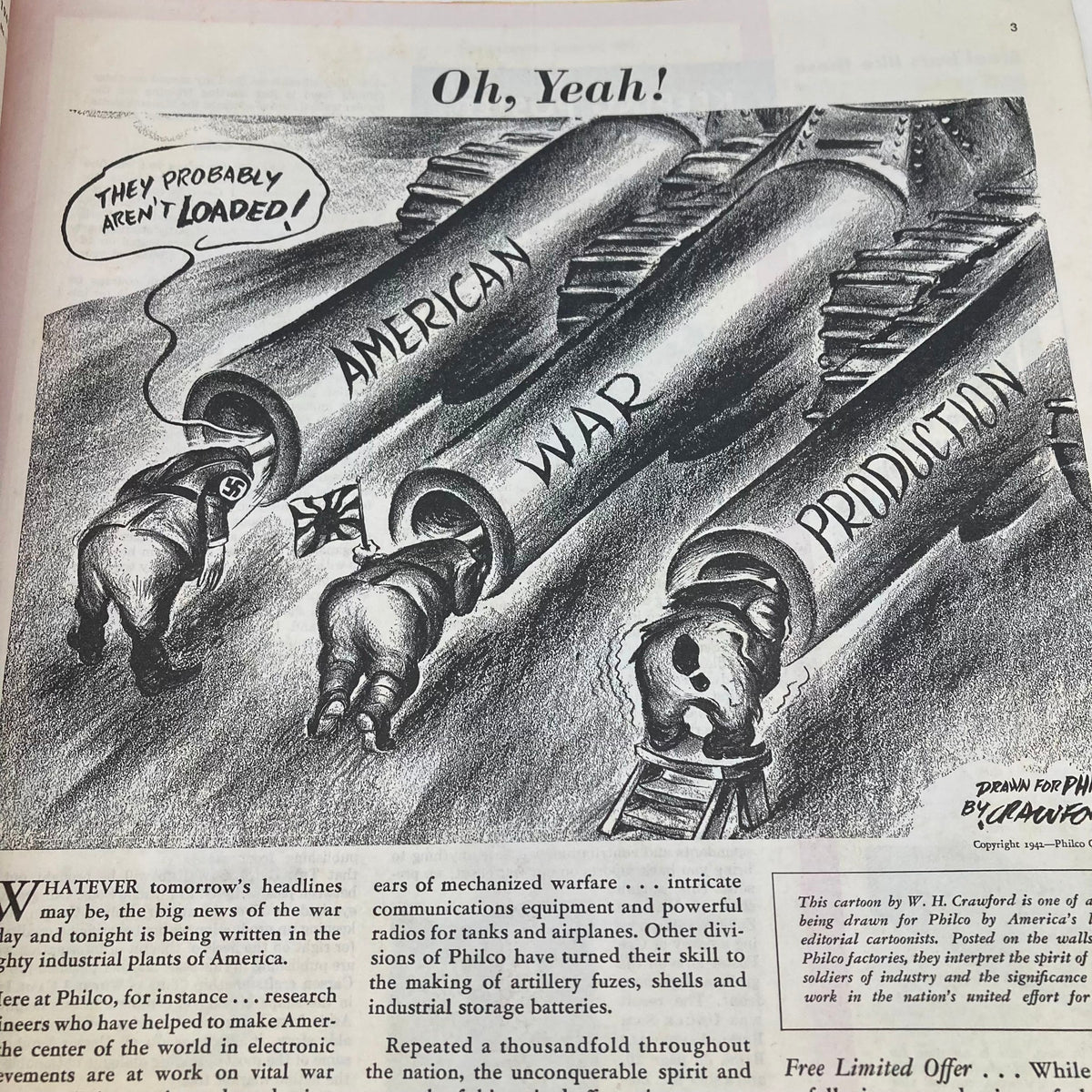 Cartoon illustration in the Saturday Evening Post Magazine September 12 1942 depicting American production efforts with a humorous take on war readiness.