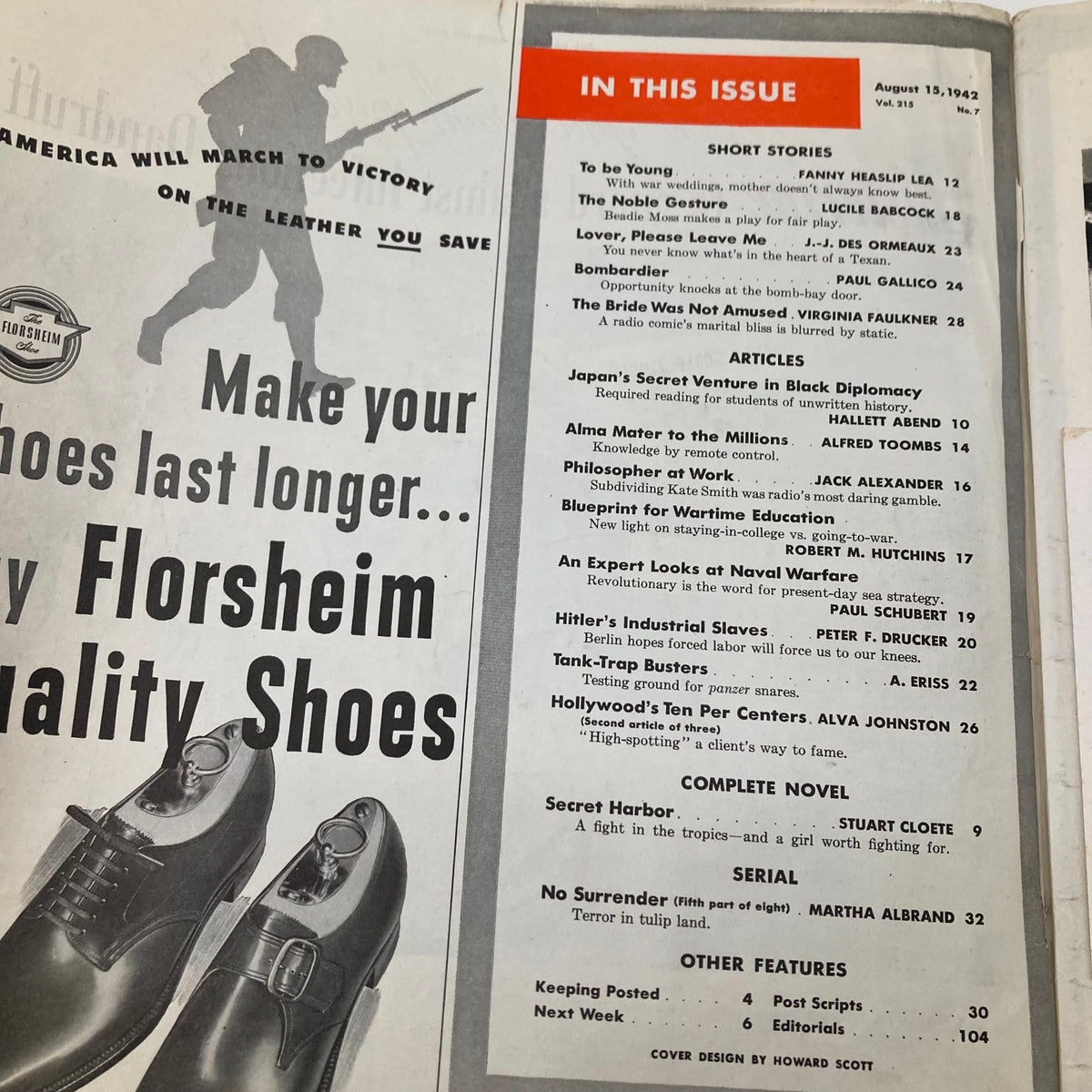 Table of contents page from Saturday Evening Post Magazine August 15 1942, listing featured stories and articles.