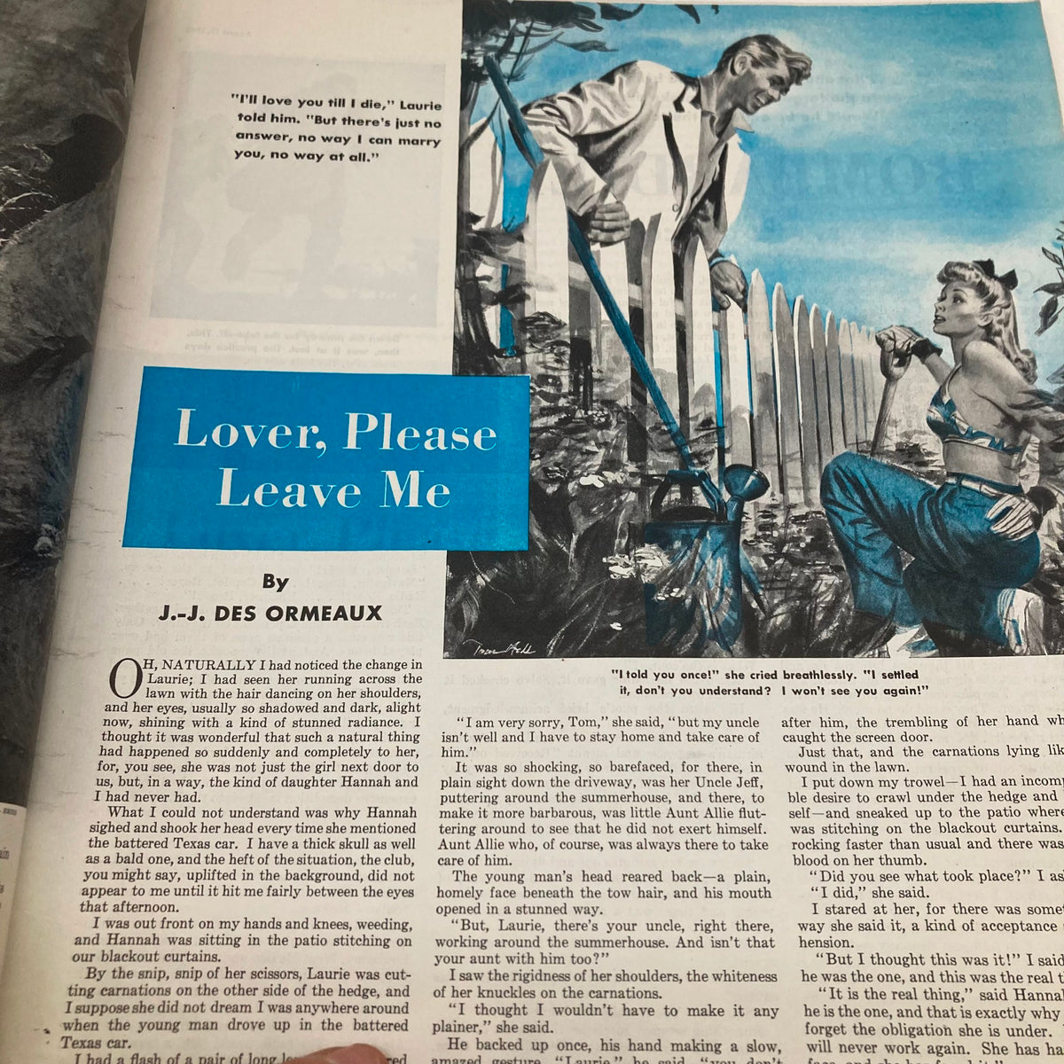 Illustration from the story 'Lover, Please Leave Me' in Saturday Evening Post Magazine August 15 1942, depicting a romantic encounter.