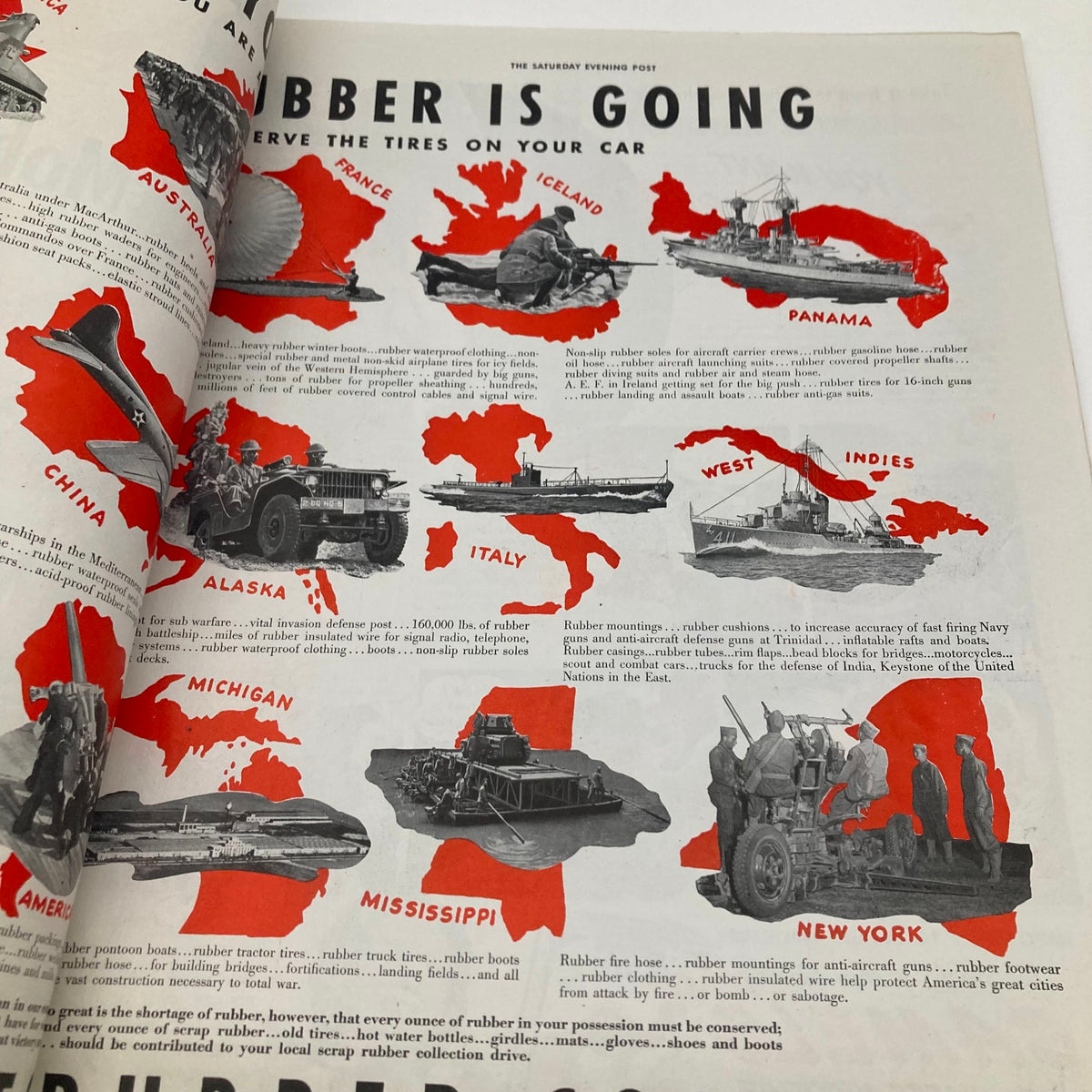 Article on rubber conservation and its importance during World War II from Saturday Evening Post Magazine August 15 1942, featuring a map highlighting rubber resources.