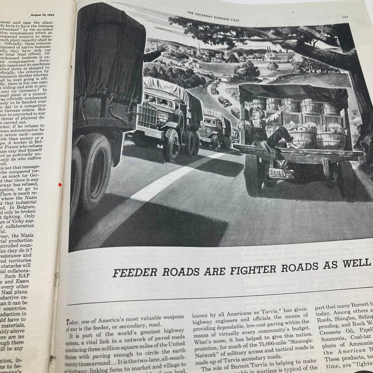 Illustrative article on transportation roads in America from Saturday Evening Post Magazine August 15 1942, focusing on the significance of feeder roads.