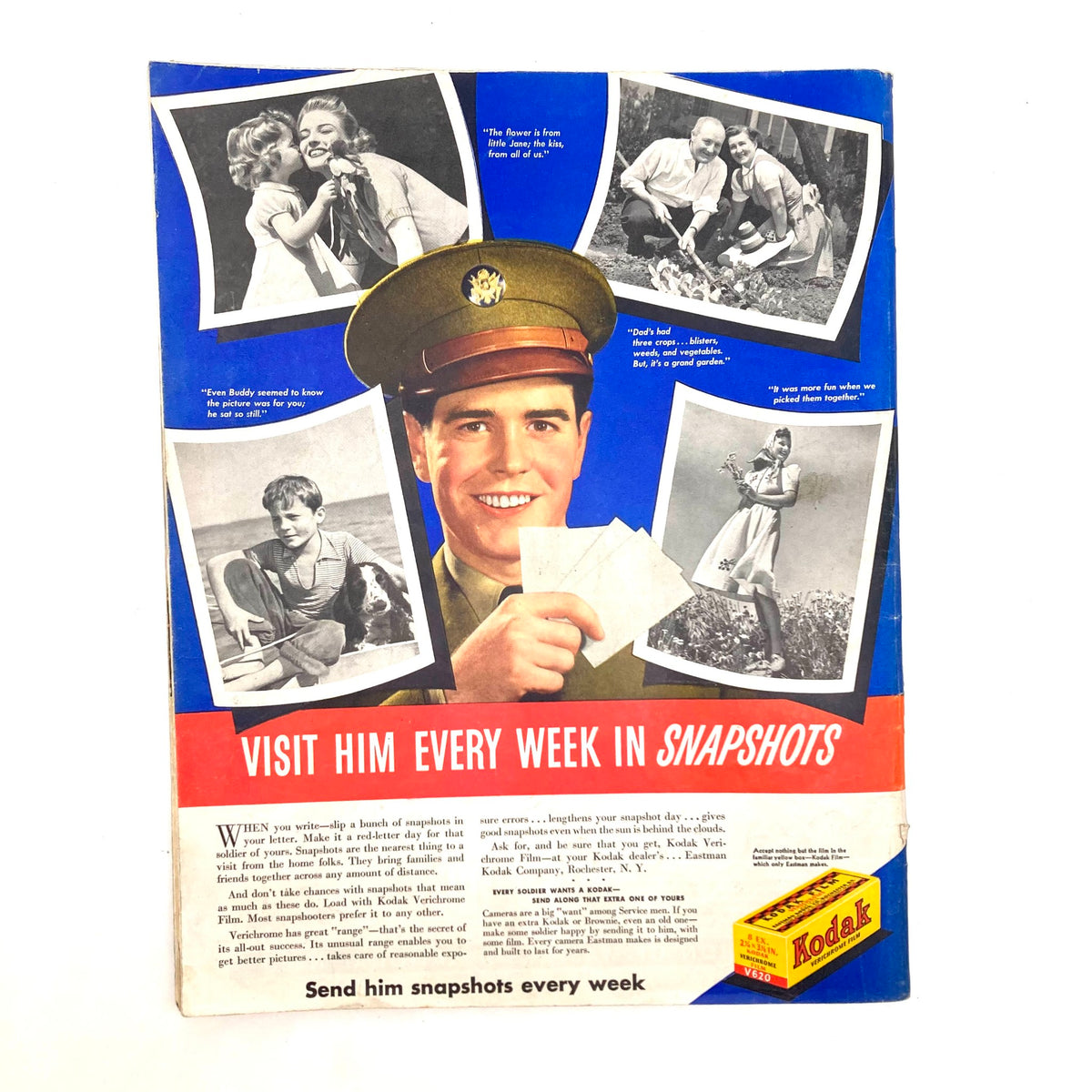Illustrated cover of Saturday Evening Post Magazine August 15 1942, featuring a soldier in a military hat surrounded by nostalgic family photos and a vintage Kodak advertisement.