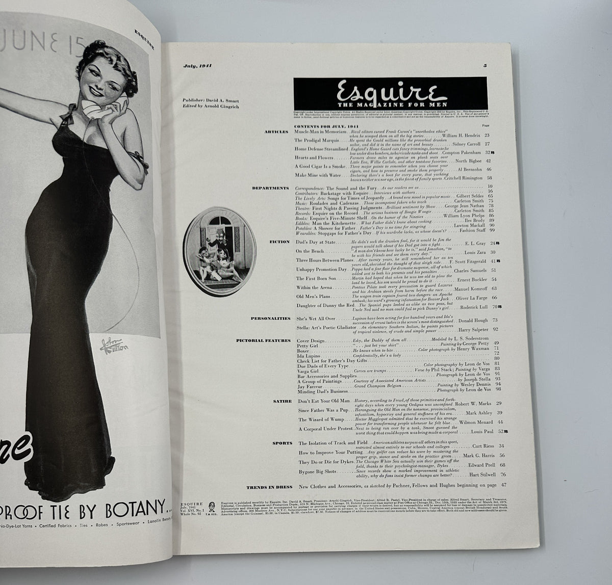 Inside page of Esquire Magazine July 1941 displaying a stylish illustration of a woman in a black dress, part of the content featuring fashion and trends of the era.
