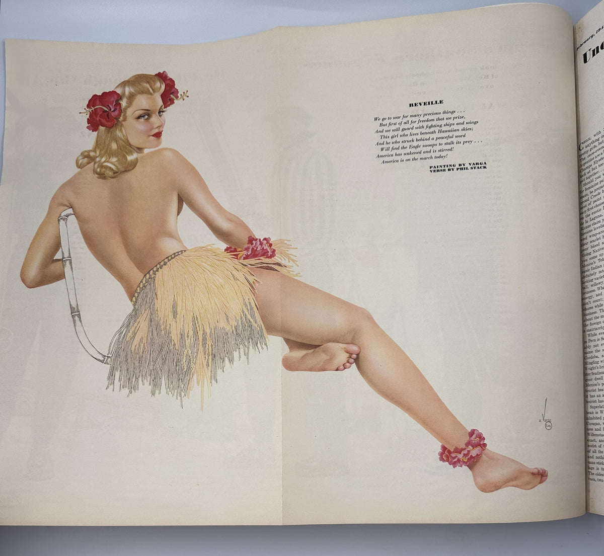 Artistic illustration of a pinup model by Varga in Esquire Magazine February 1942, featuring a glamorous female figure adorned with flowers and tropical attire.
