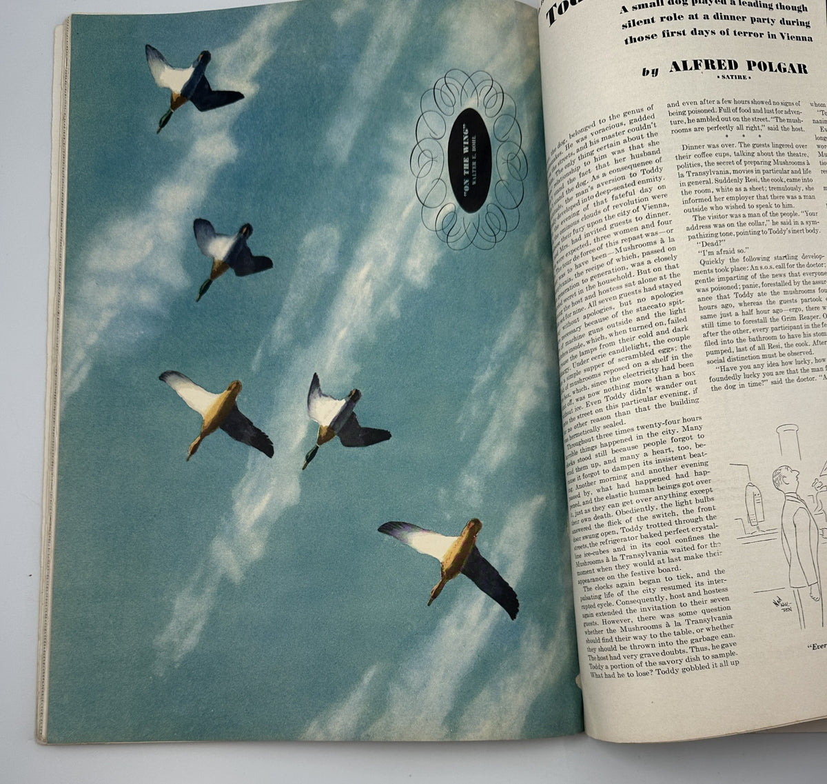 Artistic depiction of birds in flight against a blue sky in Esquire Magazine February 1942, representing the magazine's diverse pictorial features.