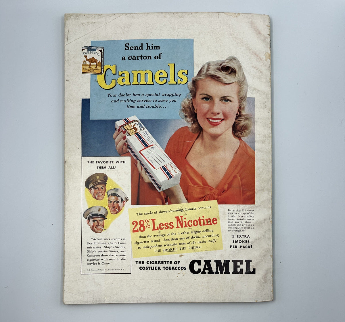 Esquire Magazine February 1942 cover featuring a vintage advertisement for Camel cigarettes, showcasing a smiling woman holding a carton of Camels, highlighting 28% less nicotine and emphasizing its popularity.