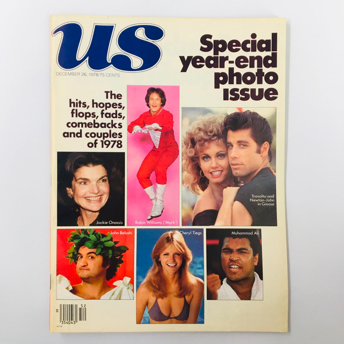 Vintage US Magazine December 26 1978 featuring John Travolta and Olivia Newton-John on the cover, along with Robin Williams, Jackie Onassis, John Belushi, Cheryl Tiegs, and Muhammad Ali. Celebrate classic pop culture and cinema from the late 1970s.