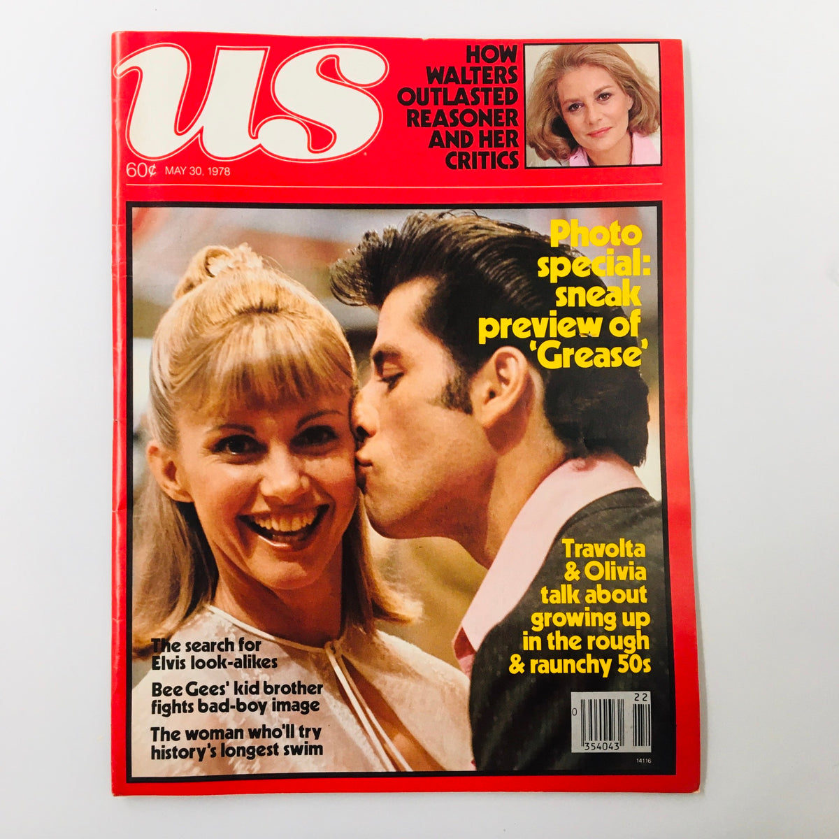 Vintage US Magazine cover from May 30, 1978 featuring John Travolta and Olivia Newton-John. This iconic magazine highlights a photo special on 'Grease' and includes nostalgic references to the 1970s pop culture.