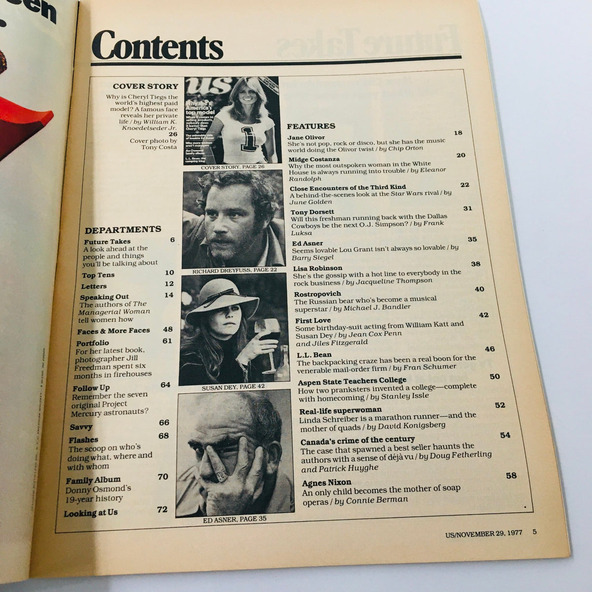 VTG US Magazine November 29 1977 contents page highlighting various articles, including features on Cheryl Tiegs and other notable personalities.