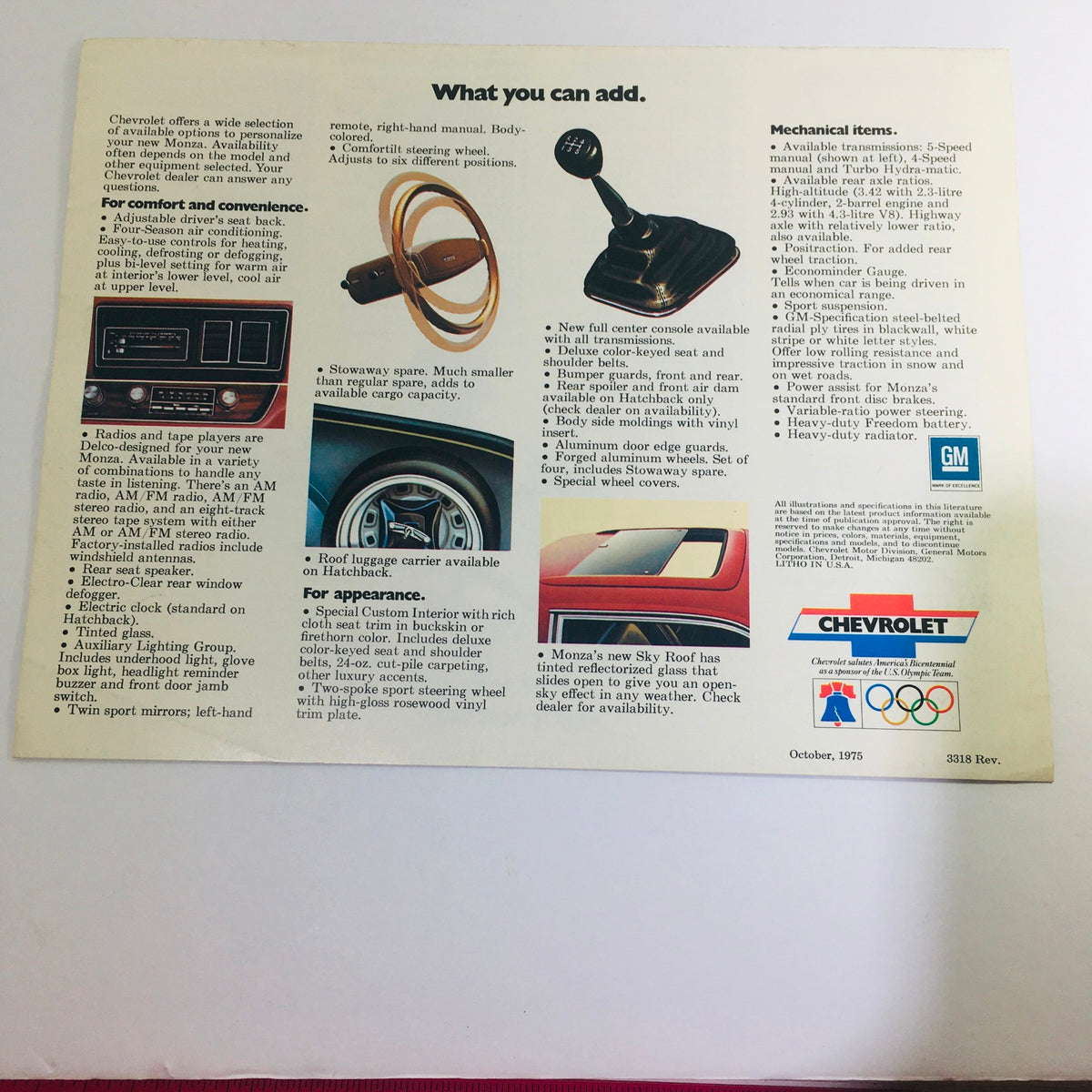 Back cover of the Vintage 1976 Monza 2+2 Hatchback / Towne Coupe Chevrolet 2-Door Sedan Brochure highlighting additional features and mechanical items.