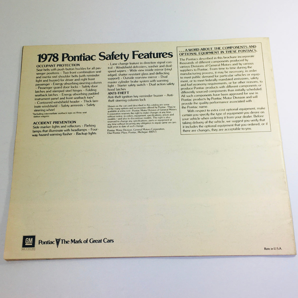 Back cover of the Vintage 1978 The Pontiacs brochure summarizing safety features and components, emphasizing Pontiac's commitment to quality.