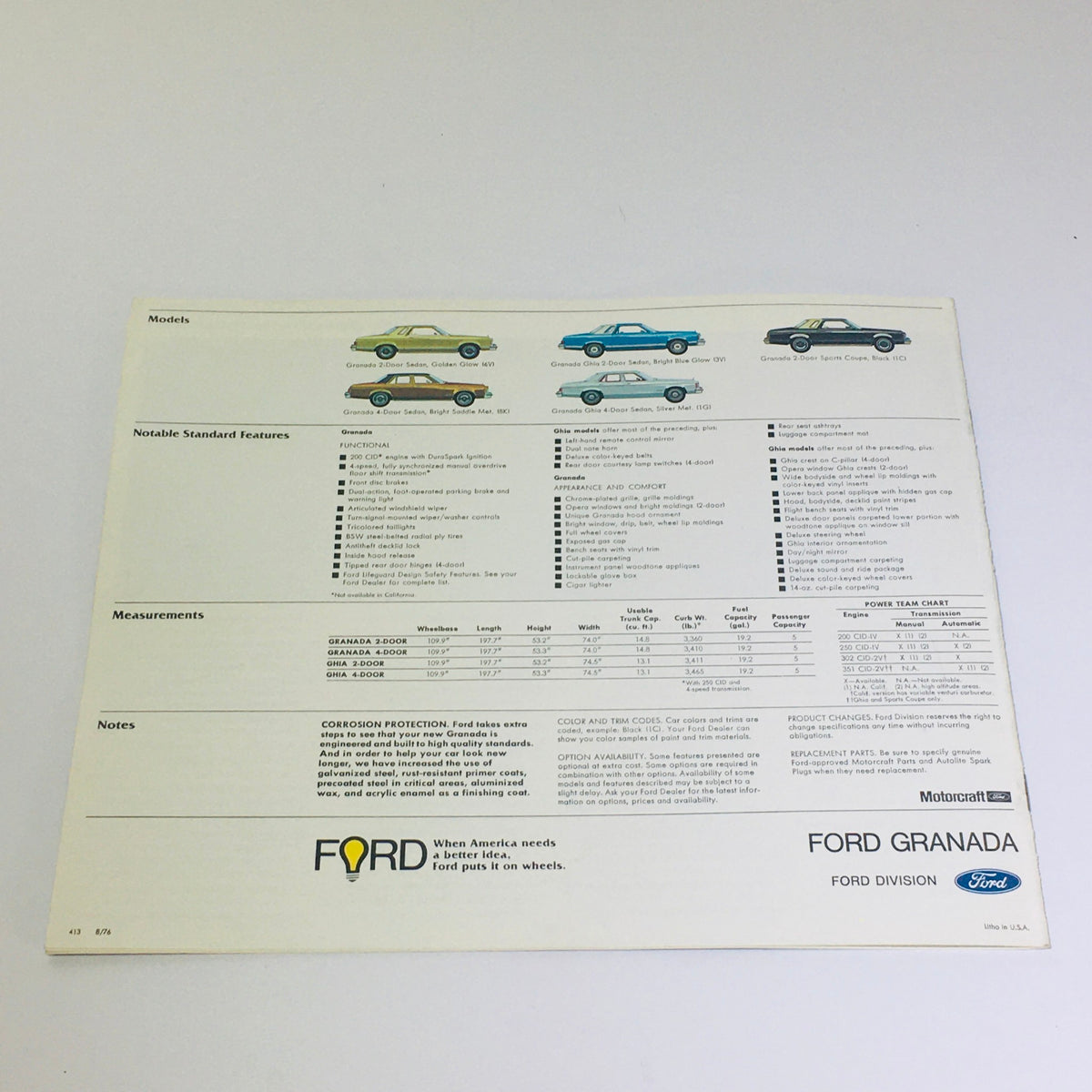Interior page of the Vintage 1977 Ford Granada 12-page Original Car Sales Brochure Catalog showcasing standard features and measurements.