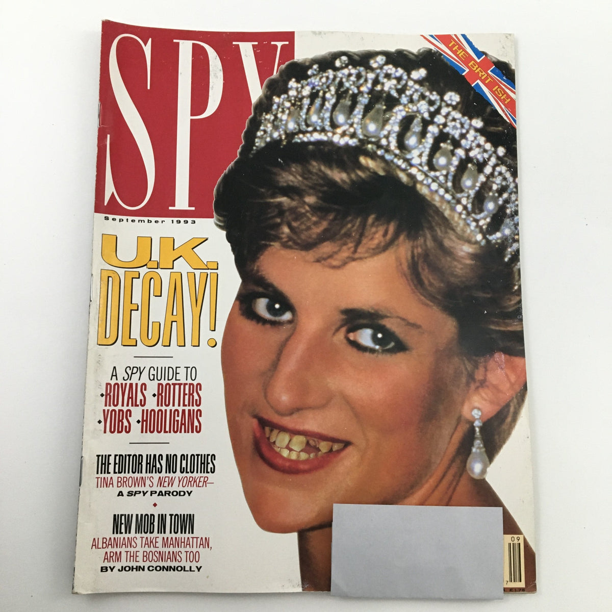 Cover of Spy Magazine September 1993 featuring Diana, Princess of Wales with a headline on British cultural commentary titled 'UK. Decay!' The magazine showcases a vintage design reflective of the early 1990s.
