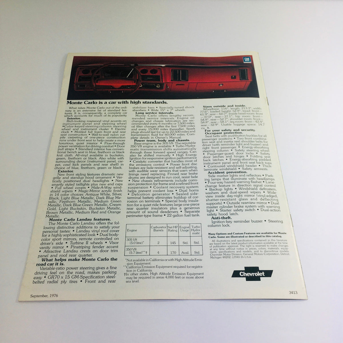Back cover of the 1977 Monte Carlo Chevrolet brochure featuring interior specifications and features.