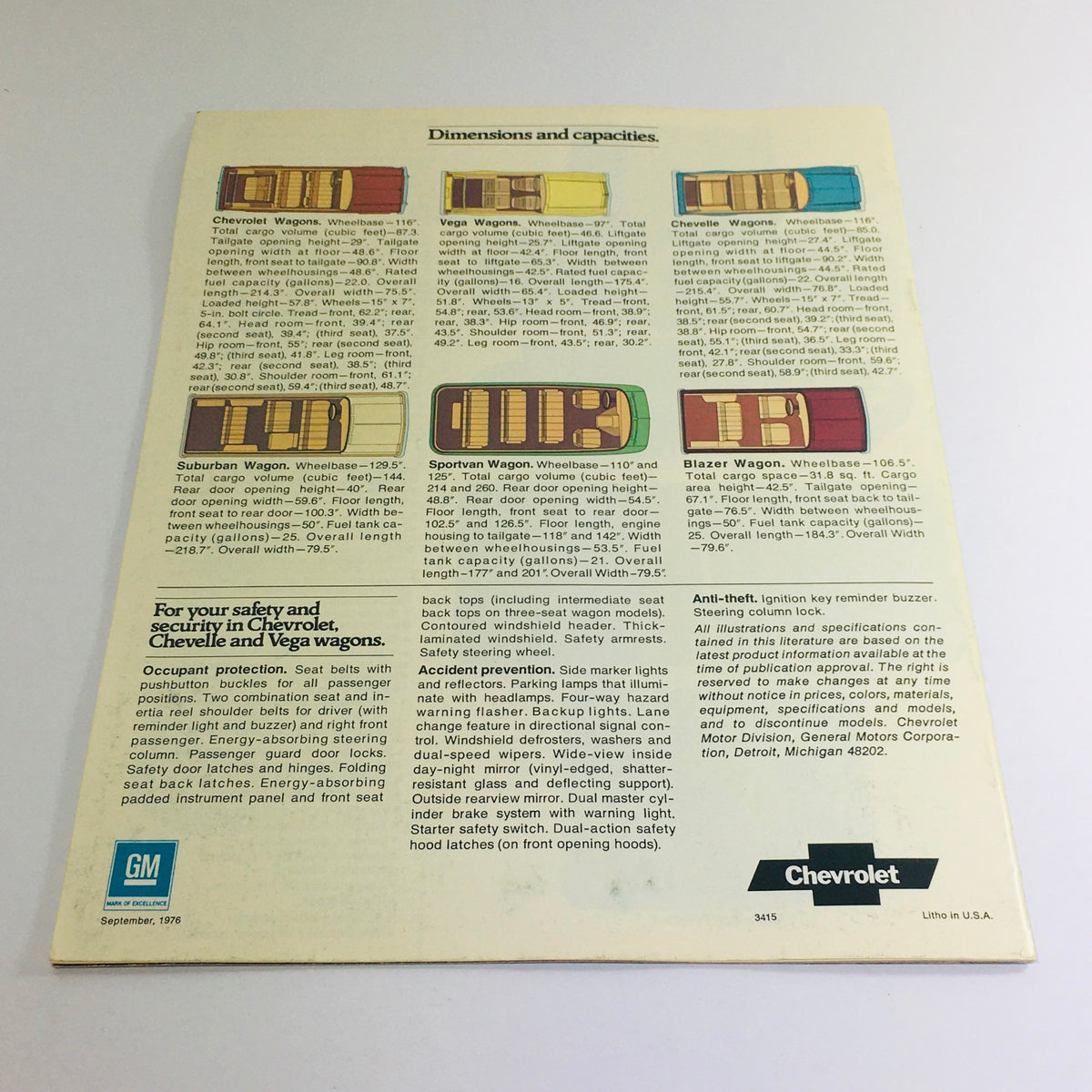 Back page of the Vintage 1977 Caprice Classic Wagons by Chevrolet brochure, detailing dimensions and specifications for Chevrolet wagons.