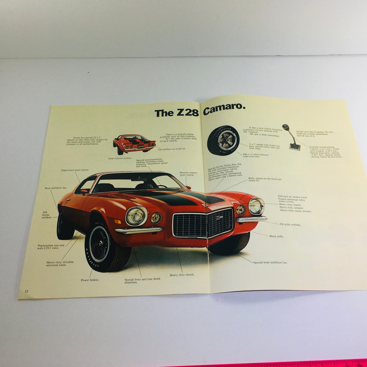 Inside view of the 1972 Camaro Sport Coupe Rally Sport SS Z28 brochure, showcasing the Z28 model with details on specifications and features.