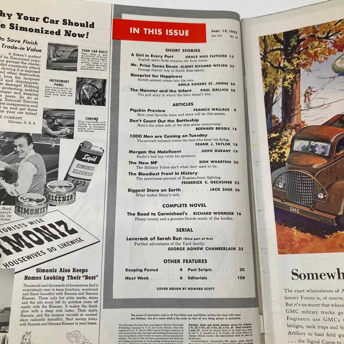 Inside page of Saturday Evening Post Magazine September 19 1942 showcasing the table of contents with featured articles and stories such as 'Pigskin Preview' and a complete novel, highlighting the magazine's historical significance during World War II.