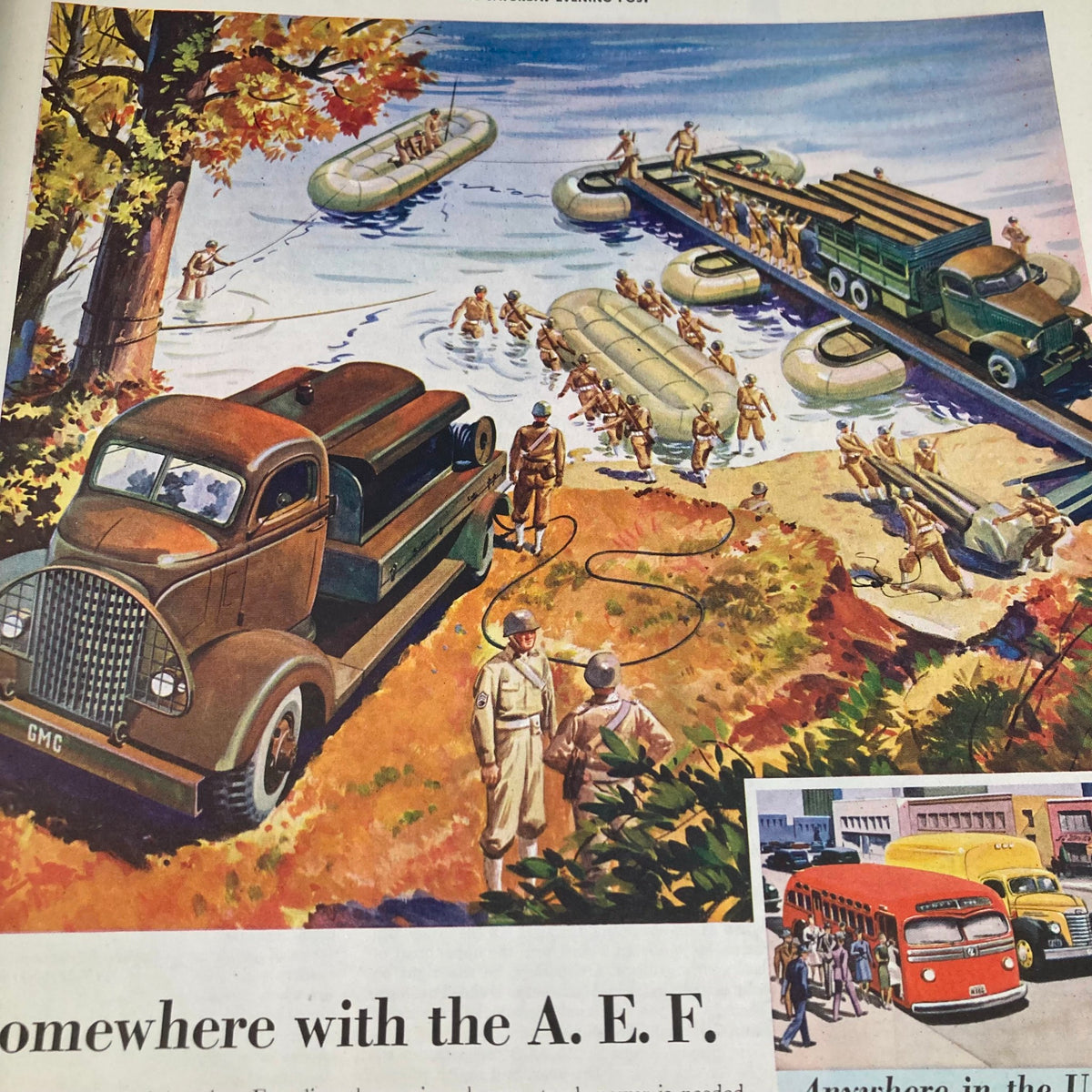 Historic scene depicting U.S. soldiers and military vehicles by a river during World War II. From the Saturday Evening Post Magazine September 19, 1942, Illustrated Cover by Howard Scott.