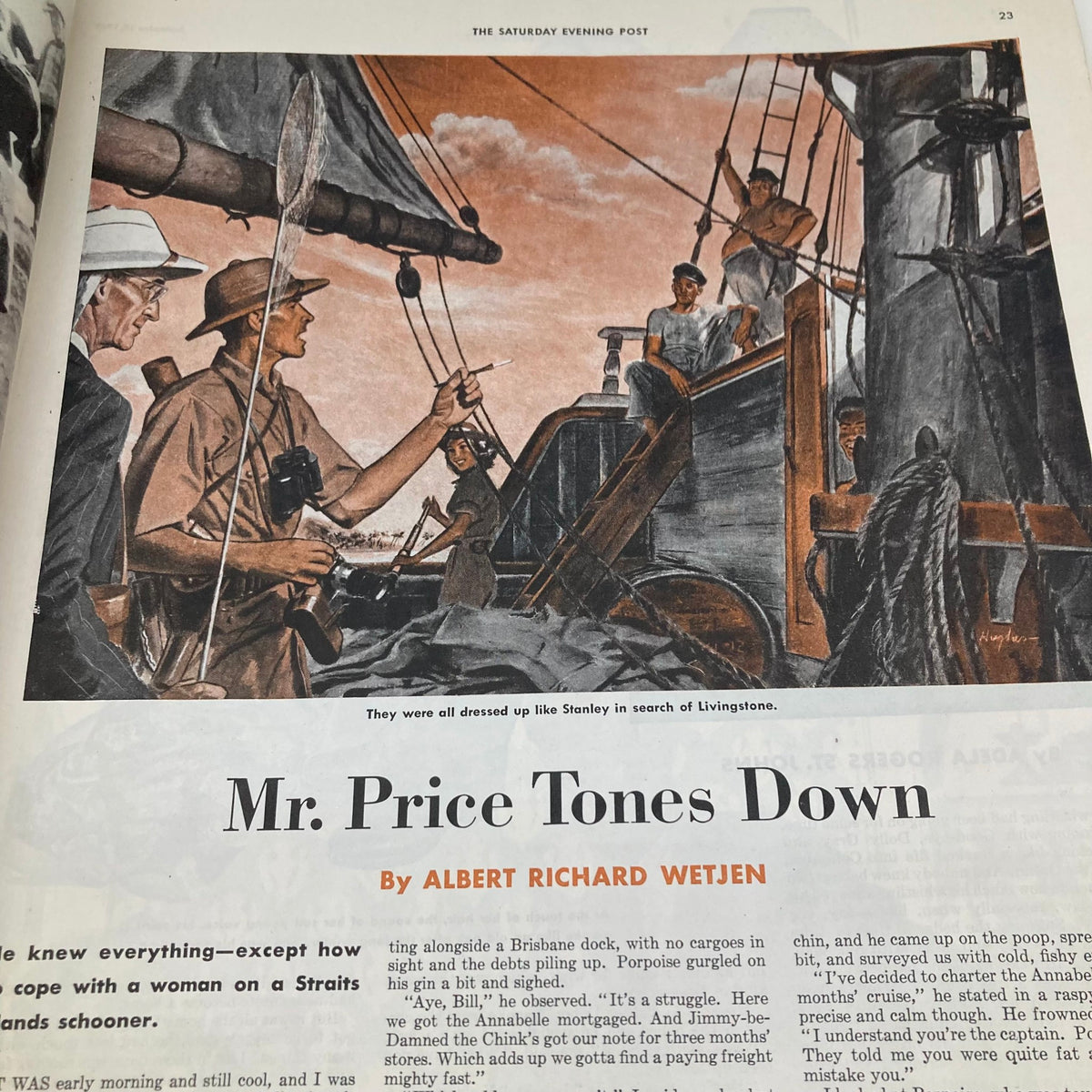 Illustration of men on a ship with historical context highlighting adventure in search of Livingston. From the Saturday Evening Post Magazine September 19, 1942, Illustrated Cover by Howard Scott.