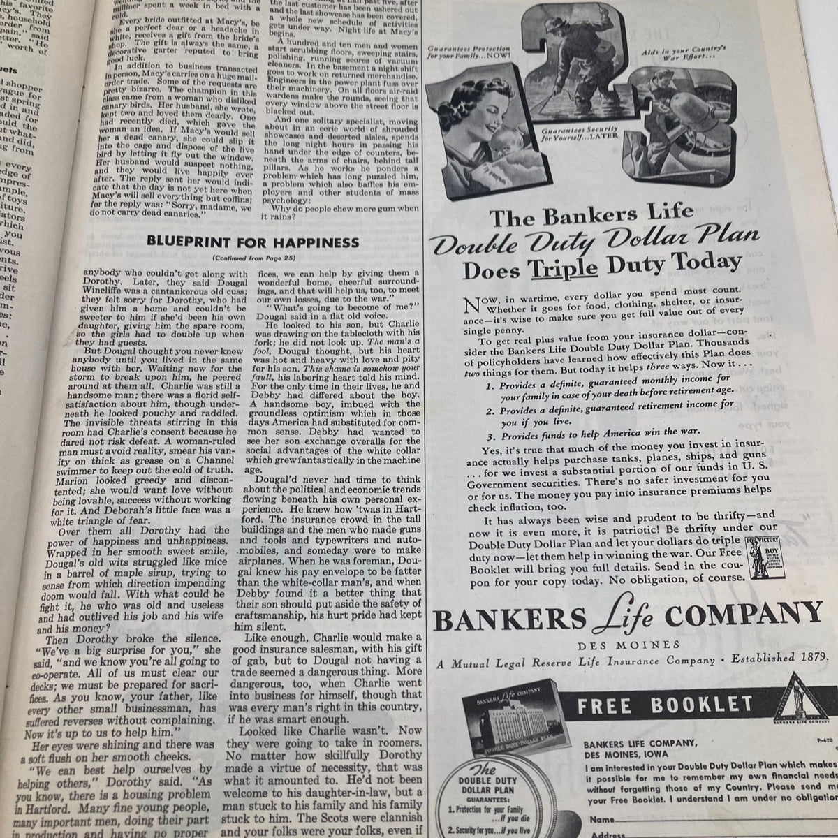 Article page discussing themes of happiness and societal roles during World War II with advertisements. From the Saturday Evening Post Magazine September 19, 1942, Illustrated Cover by Howard Scott.