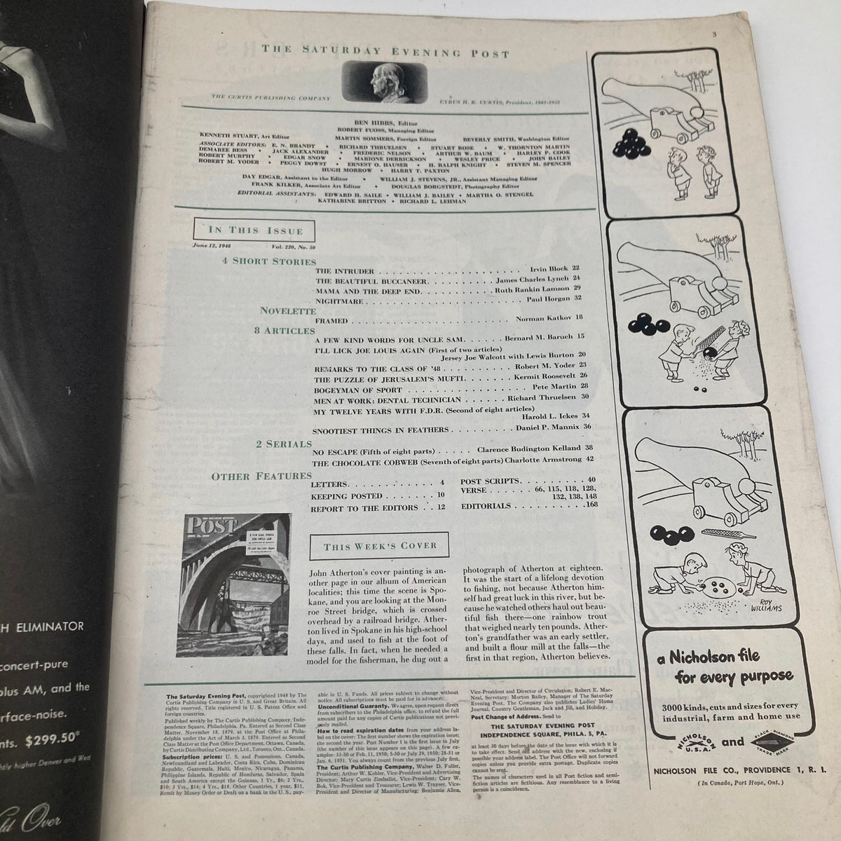 Inside page of the Saturday Evening Post Magazine June 12 1948, listing contents and features including articles and stories in this historical edition.