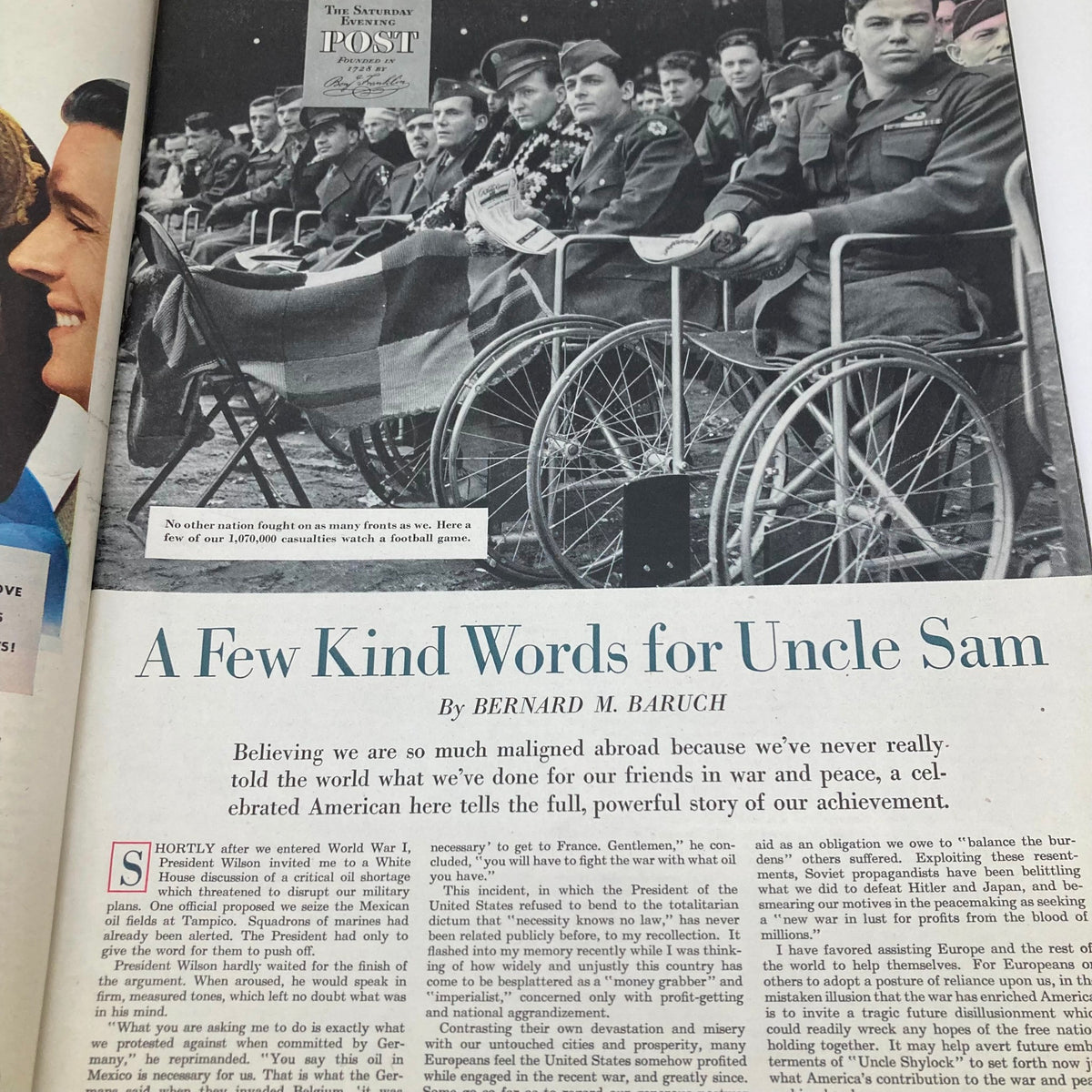 Article page titled 'A Few Kind Words for Uncle Sam' from the Saturday Evening Post Magazine June 12 1948, featuring a photograph of World War II veterans watching a football game.