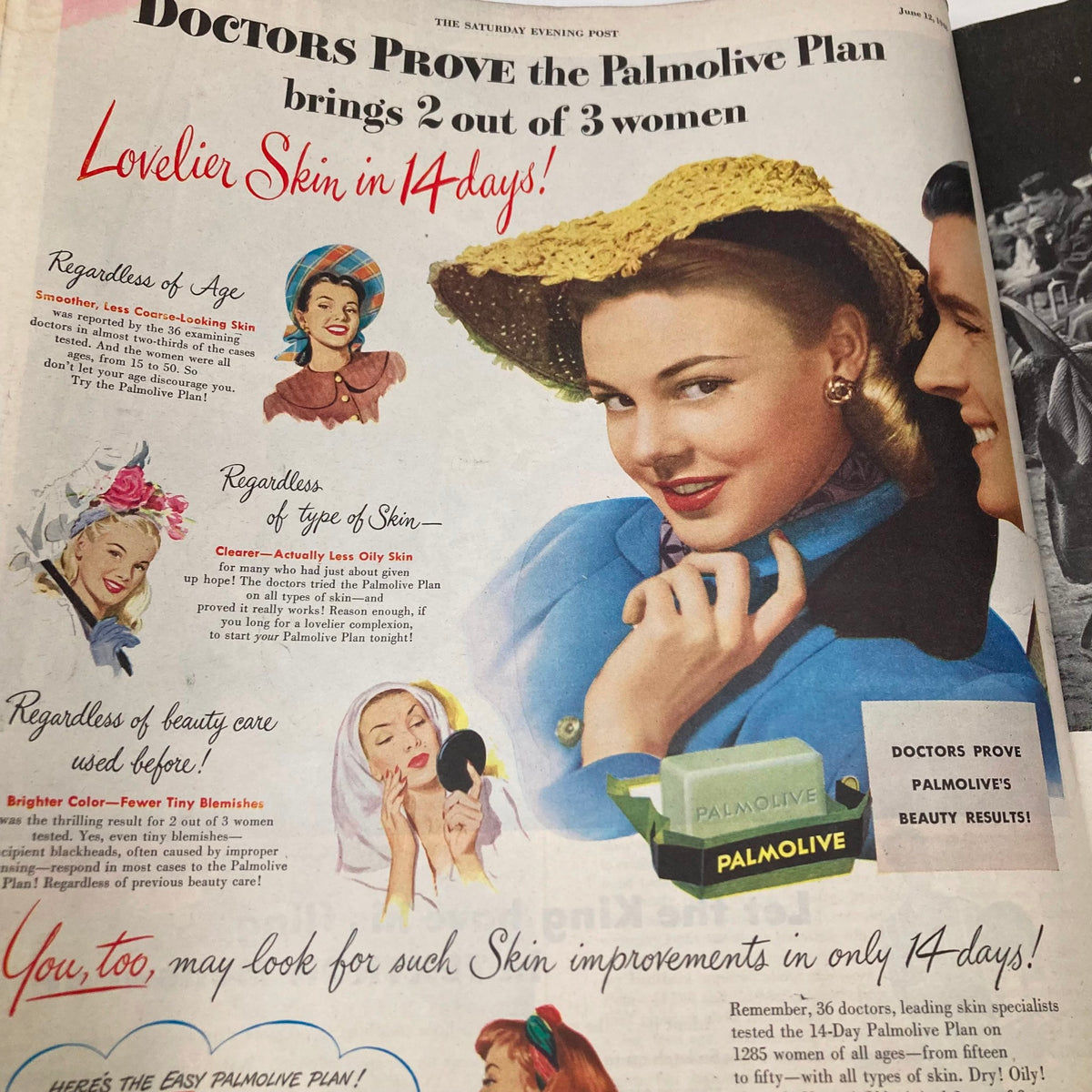 Advertisement in the Saturday Evening Post Magazine June 12 1948 promoting the Palmolive Plan for skin care, featuring images of women and their beauty results.