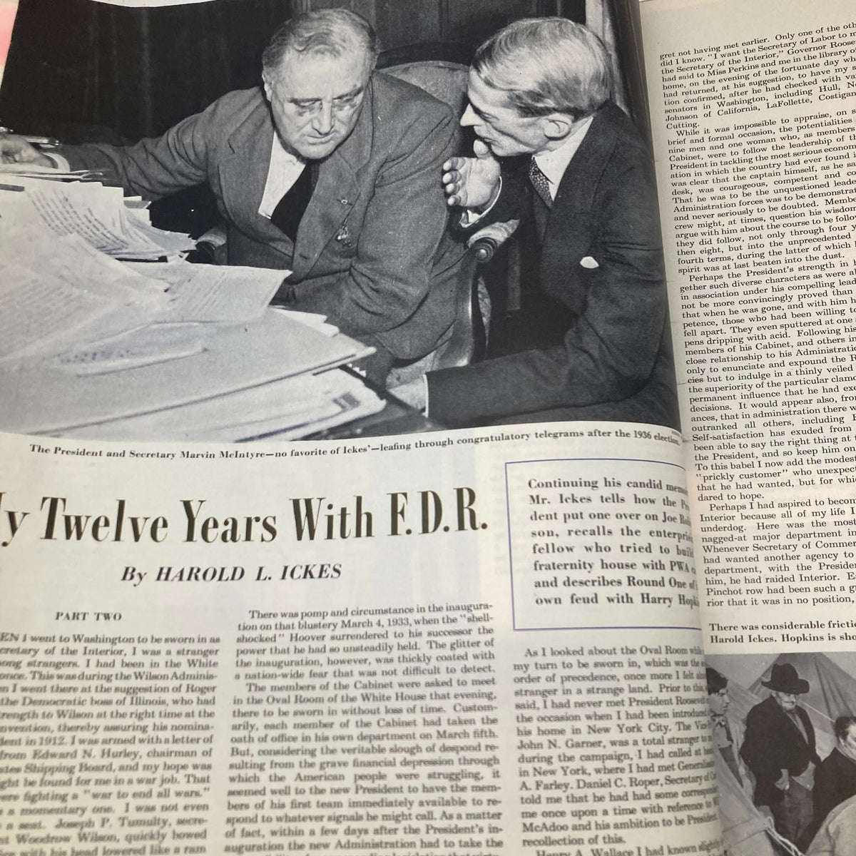 Page from the Saturday Evening Post Magazine June 12 1948 displaying the article 'My Twelve Years With F.D.R.' by Harold L. Ickes, including an image of President Franklin D. Roosevelt.