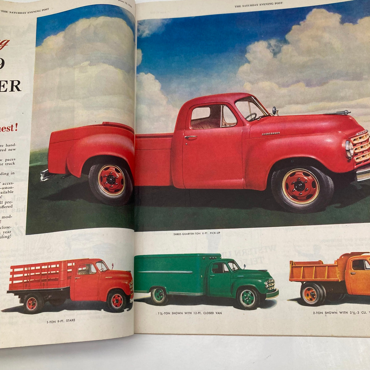 A vibrant advertisement from the Saturday Evening Post showcasing classic pickup trucks in various colors, highlighting mid-20th century American automotive design. Featured in the Saturday Evening Post Magazine June 12 1948 Illustrated Cover by John Atherton.