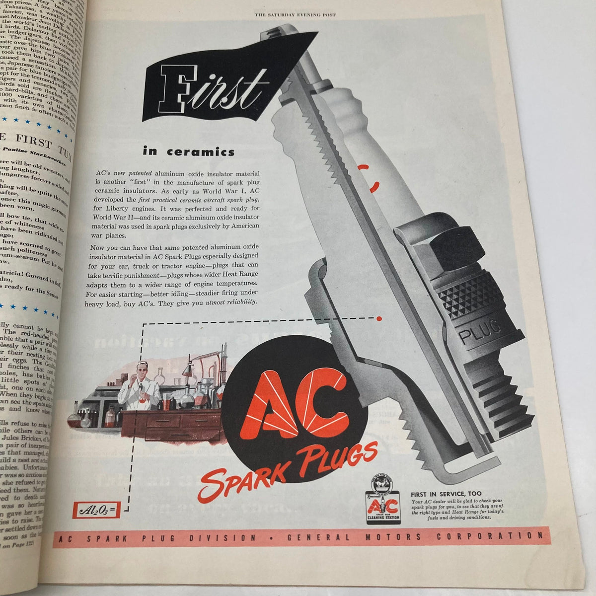 An advertisement for AC Spark Plugs featuring a detailed illustration of the spark plug, emphasizing innovations in automotive technology of the time. Featured in the Saturday Evening Post Magazine June 12 1948 Illustrated Cover by John Atherton.
