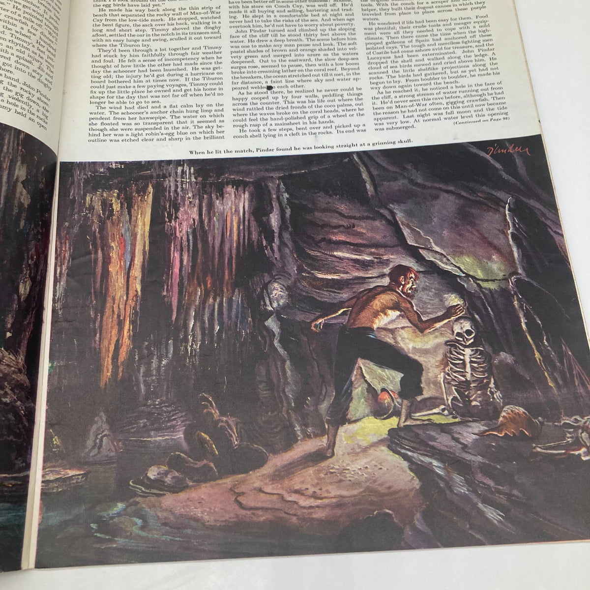 Inside the Saturday Evening Post Magazine July 3 1948, featuring an illustration of a cave scene depicting a character discovering a skeleton.
