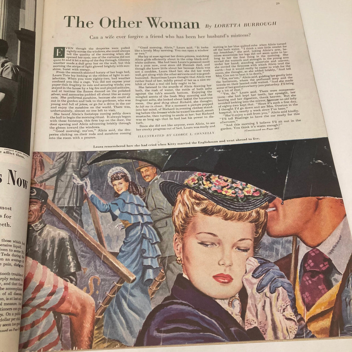 Page from the Saturday Evening Post Magazine July 3 1948, illustrating a dramatic scene titled 'The Other Woman' by Loretta Burrough, showcasing a woman in a stylish dress.