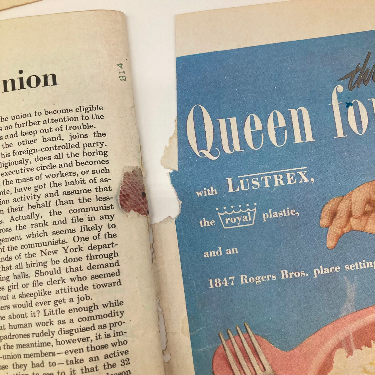 A damaged page from the Saturday Evening Post Magazine July 3 1948, featuring text about union activities with a visible tear and advertisements.