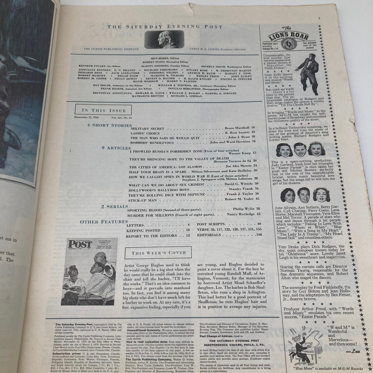 Inside page of the Saturday Evening Post Magazine December 11 1948 displaying the table of contents, featuring article titles and authors, emphasizing the range of stories included in this historical issue.