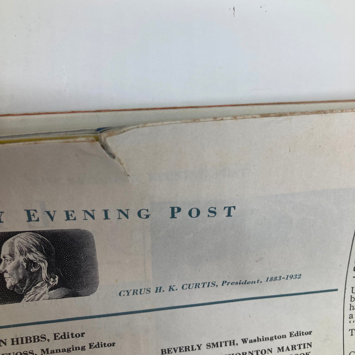Close-up of a section in the Saturday Evening Post Magazine December 11 1948 showing part of the publication details with the name of Cyrus H. K. Curtis as president, a fragment showcasing the vintage design.
