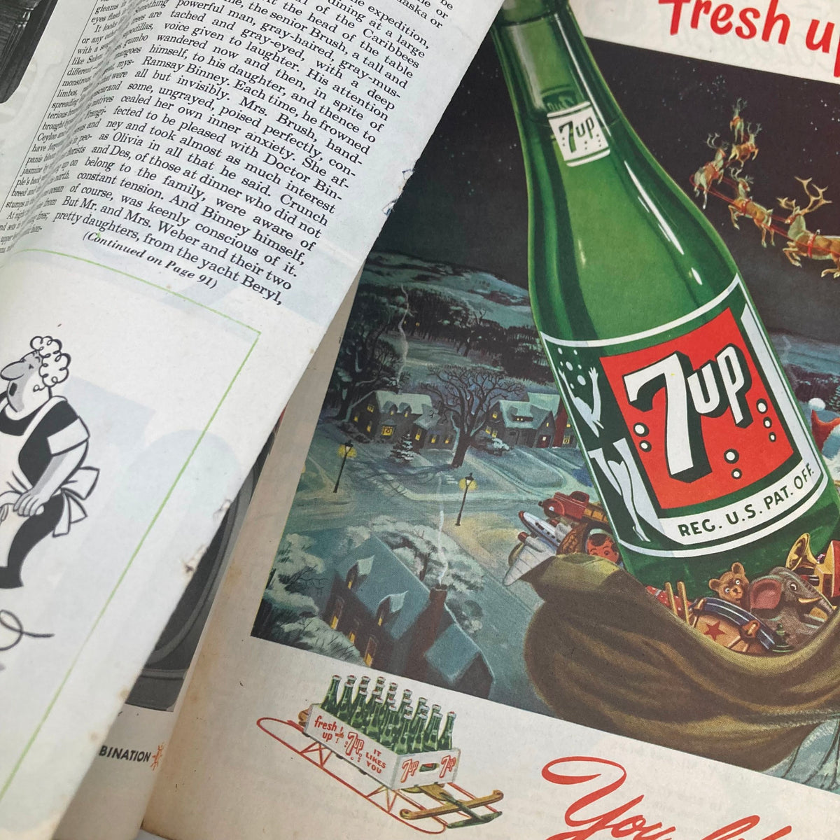 Vintage 7-Up advertisement in the Saturday Evening Post Magazine December 11 1948, featuring a green bottle amidst a winter scene.