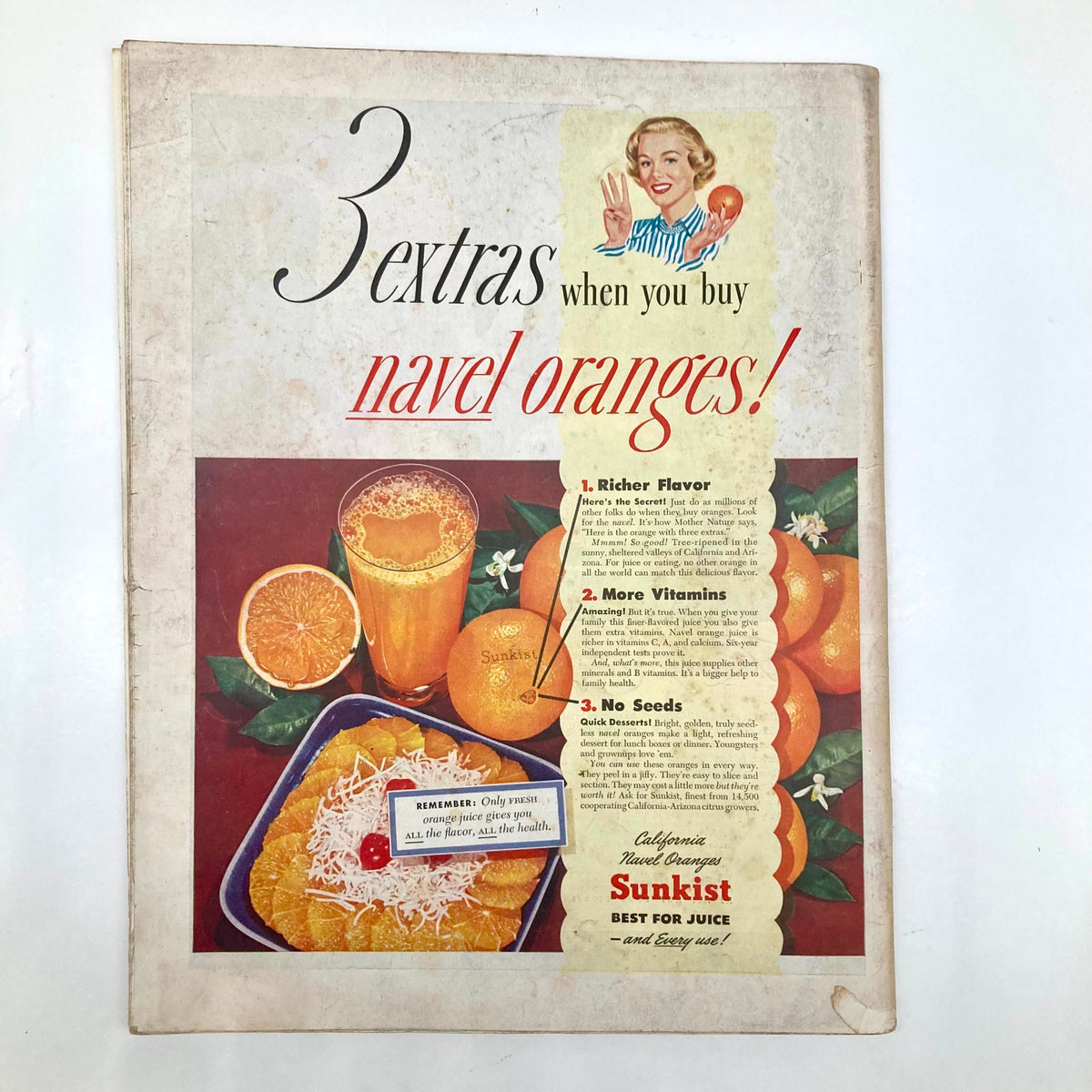 Sunkist advertisement for navel oranges, included in the Saturday Evening Post Magazine December 11 1948, highlighting benefits and features.